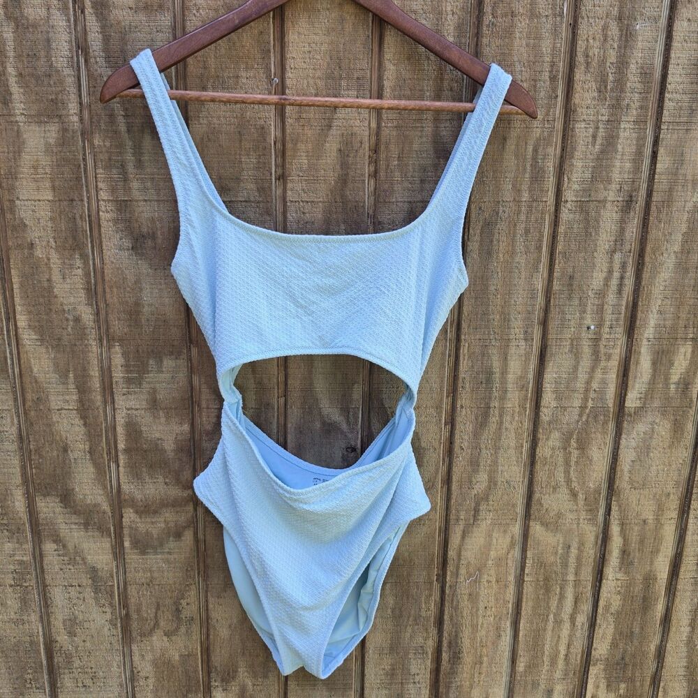 Aerie Light Blue Textured Cut Out One Piece Swimsuit Womens Size L